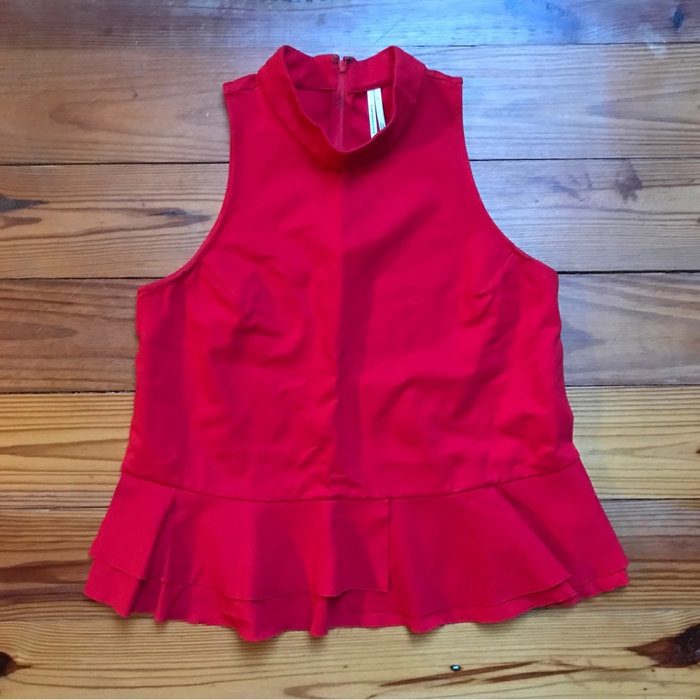 Anthropologie Red Sleeveless High Collar Ruffle Top, EUC, L